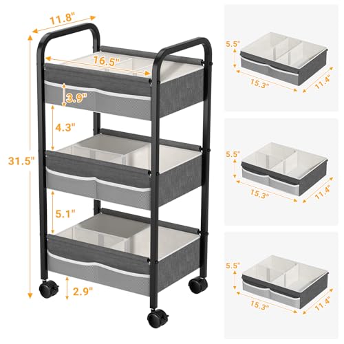 Baby Diaper Caddy Rolling Utility Cart, 3 Tier Baby Essentials Nursery Organizer and Storage with Dividers and Drawers for Crib, Bedroom, Art & Craft Organizer (Black) - color: Black