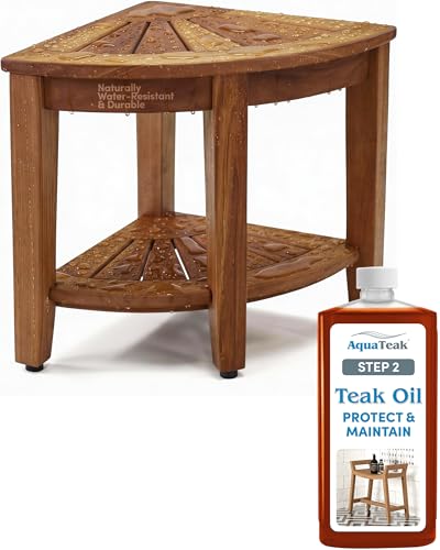 AquaTeak The Original 15.5" Kai Corner Teak Shower Bench - Shower Stool with Storage Shelf & Premium Teak Oil - Durable Water Resistant Shower Chair - Shaving Foot Rest - Indoor & Outdoor Use - size: Original - Teak Oil, style: Corner Stool With Shelf