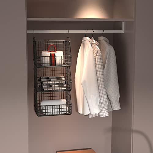 PUPPYCUTE Stackable Wire Storage Baskets for Kitchen Closet Pantry, Hanging Closet Organizers Storage Shelves Organization, Wall Mount Metal Basket Bins, Clothing Vegetable & Fruit Organizer 5 pcs - color: Black-5pcs