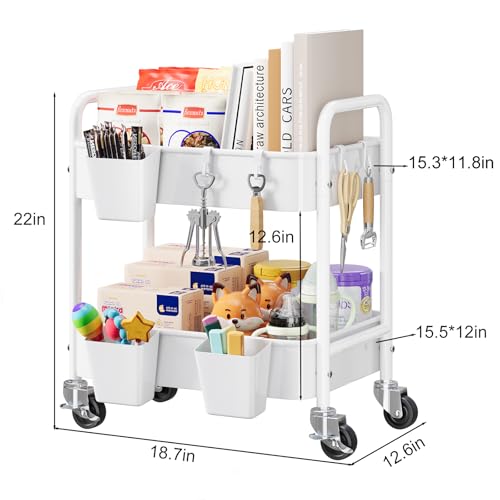 2 Tier Small Rolling Metal Cart with Wheels, White Under Desk Storage Cart on Wheels, Short Utility Roller Carts Organizer for Pantry, Bathroom, Kitchen,Office, Two Tiered Mobile Storage Shelf Trolley - color: Light White, size: 2-Tier + Cups + Hooks