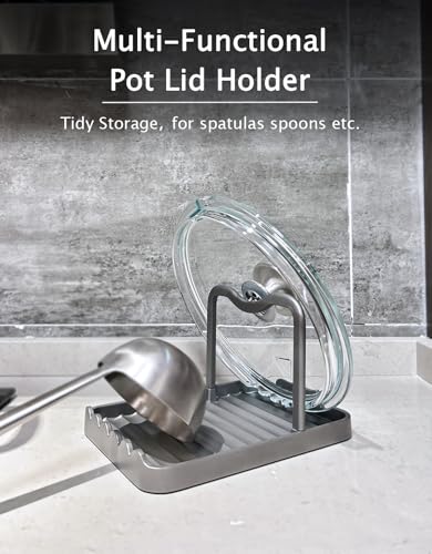 Anti-Rust Metal Spoon Rest with Lid Holder, Heat-Resistant Pot Lid Rest, Multifunctional Spatula Holder While Cooking for Stovetop and Kitchen Counter – Grey - color: Gray