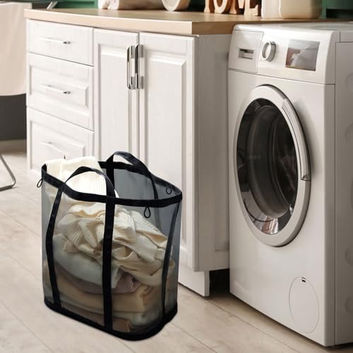 Mesh Laundry Basket, Hanging Laundry Hamper for Wall Door with Handles, Breathable Foldable Beach Bag Space-saving Travel Tote (2Pack, Black) - color: Black