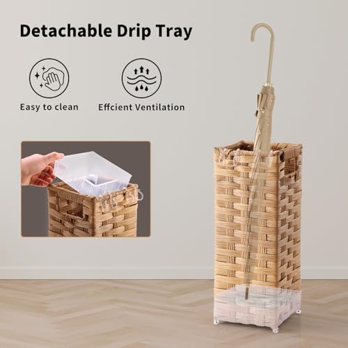 Rattan Umbrella Stand, Umbrella Holder for Entryway, Hand Woven Umbrella Rack Organizer Freestanding, with a Detachable Drip Tray, 4 Hooks, 6.5" L x 6.5" W x 16.5" H, Natural - color: Natural, size: S(6.5" L x 6.5" W)