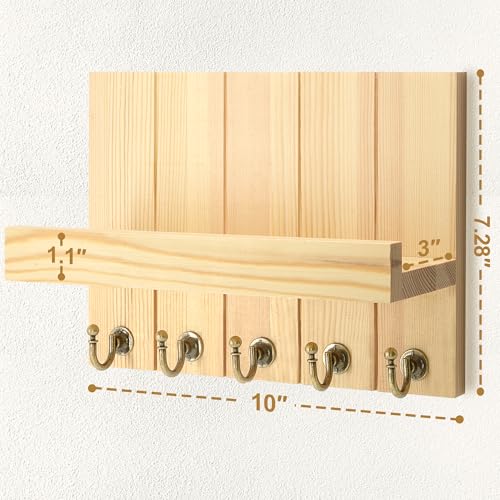Rebee Vision Pine Wood Key Holder Wall Mount with 5 Hooks and Shelf – Farmhouse Key Holder for Wall for Entryway Organization – Perfect for Mail & Letters (Orginal Wood,3.54" x 10" x 7.28") - color: Original Wood, size: 10 Inch