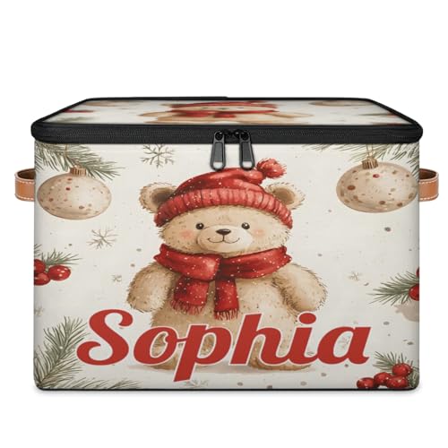 Custom Storage Basket with Name, Personalized Storage Bins with Zipper Lid, Foldable Fabric Storage Box Large capacity with Handle Bear Red Hat Scarf - color: Option 16