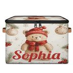 Custom Storage Basket with Name, Personalized Storage Bins with Zipper Lid, Foldable Fabric Storage Box Large capacity with Handle Bear Red Hat Scarf - color: Option 16