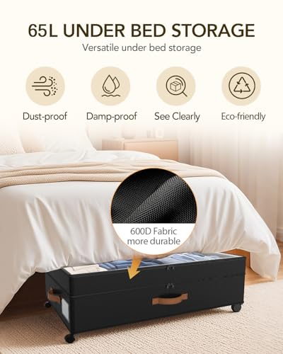 Under Bed Storage with Wheels, 10 inches Under Bed Storage Containers, 65L XXL Large Adjustable Underbed with Lids, Rolling Underbed Storage bins for Shoes, Clothes, Blankets, Black - color: Black