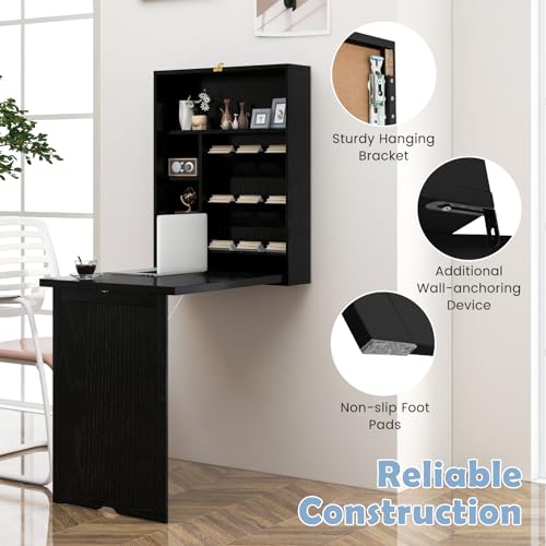Tangkula Foldable Wall Mounted Desk, Floating Desk with Storage Shelves & Hooks, Space-Saving Fold-Up Murphy Table for Small Spaces, Home Office, Dorm Room - color: Black