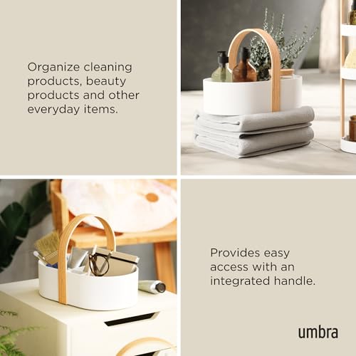 Umbra Bellwood Caddy, Organizer Bin for Makeup and Cosmetics, Durable Lightweight Container with Wooden Handle and Removable Dividers, Small, White/Natural - color: White/Natural, size: Small