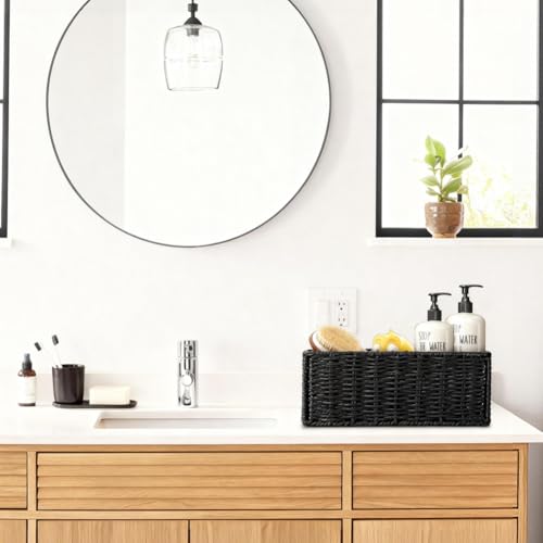 Small Wicker Baskets, Wicker Woven Storage Basket Toilet Paper Baskets with Handles, Towel Basket for Bathroom Organizing Shelves (Black) - color: Black