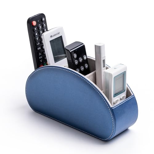 Remote Control Holders Organizer Box with 5 Compartment PU Leather Multi-functional Office Desk Storage Caddy Store Tv Remote for Media Player,Brush,Pencil,Glassees&Office Supplies (Champagne Blue) - color: Champagne Blue, size: S