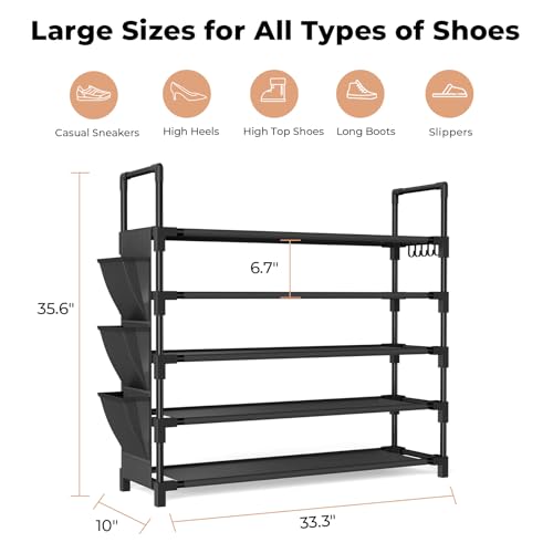 5 Tier Shoe Rack, Shoe Organizer Storage for 20-25 Pair Boot and Sneaker, Stackable Free Standing Shoe Shelf with Hooks and Side Pocket, Space Saving Shoes Rack for Closet, Entryway - color: Black, size: 33.3"W - 5 Tier