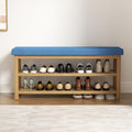 2 Tier Shoe Rack Bench with Cushion, Rubberwood Shoe Benches, Mid-Century Modern Shoe Storage Bench for Entryway, Hallway, Living Room, Closet, Front Door Entrance, Blue - color: Blue