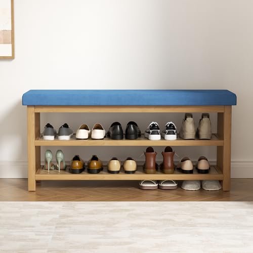 2 Tier Shoe Rack Bench with Cushion, Rubberwood Shoe Benches, Mid-Century Modern Shoe Storage Bench for Entryway, Hallway, Living Room, Closet, Front Door Entrance, Blue - color: Blue