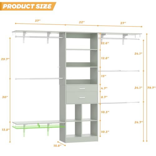 Closet System - 4.75-8FT Closet Organizer System with Wooden Drawers & Cube Storage Organizer, Up To 96" Closet Systems for Nursery & Walk-In Closets with Cuttable Hanging Shelving, Crab Green - color: Crab Green, size: 8 FT