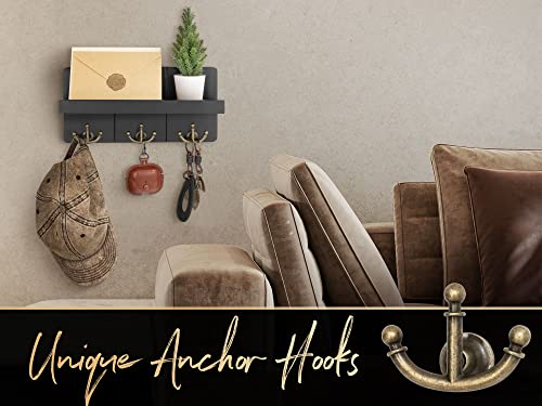 Rebee Vision Decorative Key and Mail Holder for Wall: Farmhouse Mail Organizer with Floating Shelf and 3 Anchor Key Hooks - Rustic Key Hanger for Farmhouse Entryway Decor (Modern Black) - color: Black