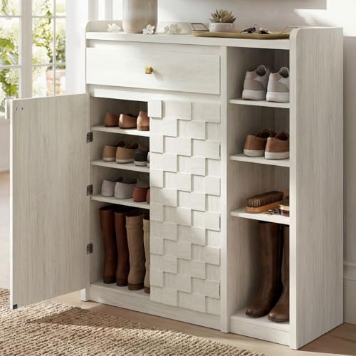 STO'SENSE Large Shoe Cabinet with Doors, 8-Tier Shoe Storage Cabinet with Drawer & 4 Side Cubbies & 5 Adjustable Shelves, 47" Tall Shoe Rack Organizer Cabinet for Entryway, Hallway (White Oak) - color: White Oak