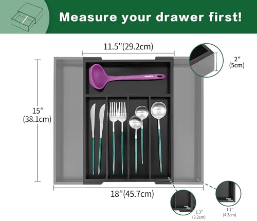 Utoplike Bamboo Silverware Drawer Organizer, Expandable Kitchen Utensils Drawer Organiser, Cutlery Tray Dividers, Flatware Caddy Drawer Insert, Office Supplies, Black 5-7 Slot - color: Black, size: Small