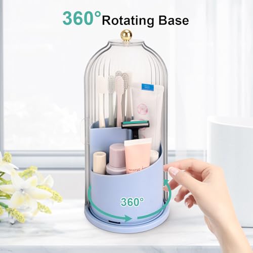QIYVLOS Toothbrush Holders with Sliding Lid, Rotating 3 Slots Bathroom Organizer Countertop, Tooth Brush Toothpaste Holder Bathroom Counter Stand Sink Organizer Caddy for Makeup Brushes Holder (Blue) - color: Blue+transparent