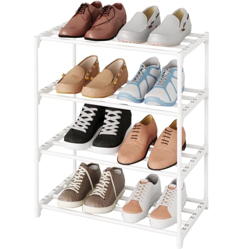 Metal Small Shoe Rack,Stackable Kids Shoe Stand,Narrow Shoe Storage Shelf for 8-10 Pairs of Shoes Entryway and Closet Hallway (4-Tier, White) - color: White, size: 4-Tier (no handle)