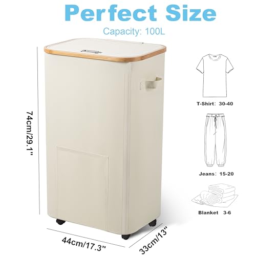 Vincona Laundry Basket with Wheels, Tall Dirty Clothes Hamper on Wheels, Rolling Laundry Hamper with lid for Dorm, Bedroom and Bathroom (Beige, 100L) - color: Beige, size: 100L