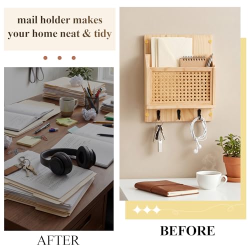 Rattan Mail and Key Holder Wall Mounted, Wood Magazine Mail Sorter Rack Wall Organizer with 2 Slots 3 Hooks for Coat, Dog Leash, Decorative Key Rack for Entryway,Living Room(Natural)