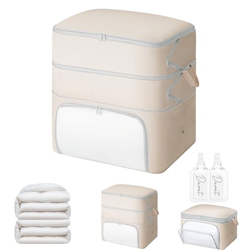 Comforter Storage Bag - 130L Blanket Storage Bags Front-opening Ultra Space Saving Self Compression Organizer, Washable Compression Bags for Storage Comforter Blanket, 1 Pack, Beige - color: Beige, size: 130L