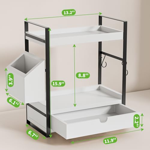 2-Tier Bathroom Counter Organizer with Drawer and Basket, Wood Countertop Organizer for Storage, Skincare Organizers for Vanity, Counter Shelf for Bathroom Organization,White - color: White