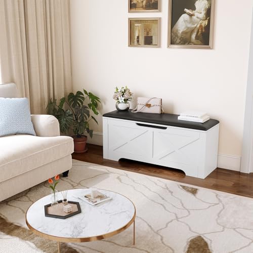 DreamDashio Farmhouse Storage Bench with Lift Top Storage, 39.4" Entryway Bench with Cushioned Seat, End of Bed Bench, Wooden Storage Chest Trunks, for Bedroom, Living Room, Entryway, White
