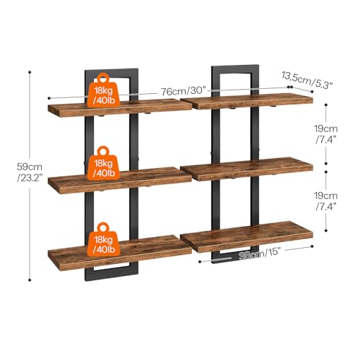 HOOBRO Floating Shelves, Set of 2 Wall Shelves, 3-Tier Wall Mounted Storage Shelves, Hanging Bathroom Shelves, for Living Room, Bedroom, Bathroom, Kitchen, Rustic Brown and Black BF31BJP201
