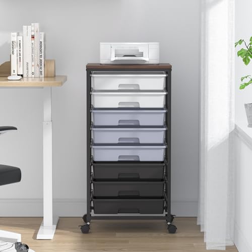 SYKIARIOL Rolling Cart with Drawers,Utility Cart With 8 Drawers and Wooden Tabletop for Living Room,Classroom,Bedroom,Bathroom,Dorm,Office,Dark Grey - color: Gray
