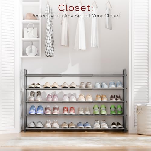 Bumusty 5-Tier Long Expandable Shoe Rack for Closet, 18"-44" Adjustable Shoe Rack for Entryway, 25-30 Pairs Large Shoe Organizer Shelf Storage, Sturdy Metal, Grey - color: Grey, size: 5-Tier
