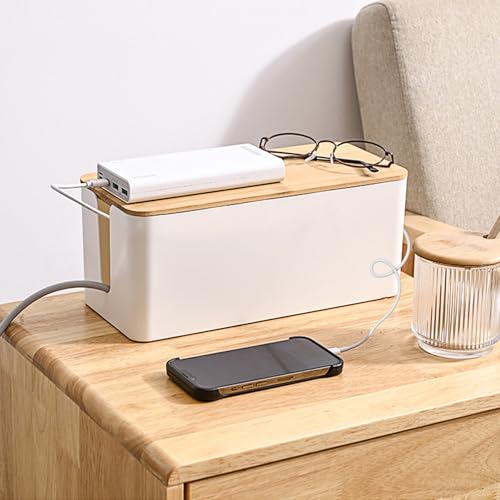 Cable Management Box,Wooden Style Large Cable Organizer Box for Office and Home,Cable Organizer Box with Proof Lock for Baby-Pets,Wood Lid（White,1 Pack - color: white