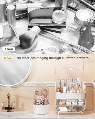 Makeup Organizer Countertop, Skincare Holder Bathroom Counter Organizer, Storage Box Cosmetic Display Cases, Teen Girl Gifts Make up Organizers (White/Brush) - color: White/Brush