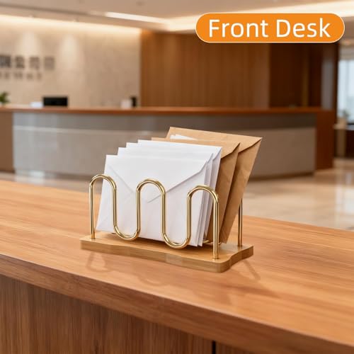 Mail Holder Organizer Countertop, Metal Mail Sorter for Desk, Cutout Mail Storage Bills Organizer Letter Tray Design with Bamboo Base for Home Office (Bamboo) - color: Bamboo