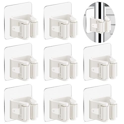 3-H 8-Pack Self Adhesive Broom Holder Wall Mount - Heavy Duty No Drill Broom Organizer for Garage Closet Kitchen, Plastic Storage Rack for Brooms Mops Tools, Peel and Stick Adhesive,Beige White - color: Beige White, size: 8