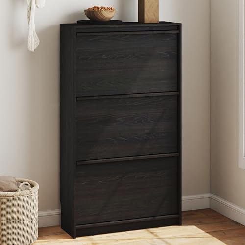 Shoe Cabinet with 3 Flip Drawers, 23.62" W Narrow Shoe Storage Cabinet for Entryway, Slim Shoe Organizer with Adjustable Shelves, Freestanding Shoe Rack for Hallway, Living Room, Black - color: Black, size: 9.45"D x 23.62"W x 45.47"H