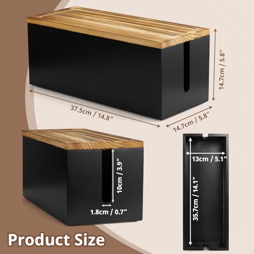 Large Wood Cable Management Box - Cable Organizer Box - 2 Open Slots Cords Hider Box - Under Desk Cord Organizer for Power Strip Extension Cord Surge Protector Charger Wire, Black - color: Black, size: Large