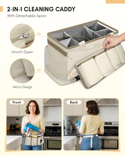 Ytonet Cleaning Caddy Bag with Detachable Apron, Extra Large Cleaning Supplies Organizer with Foldable Dividers, Portable Cleaner Tote with Handle, Cleaner Caddy for Kitchen, Detailing Bag, Apricot - color: Apricot