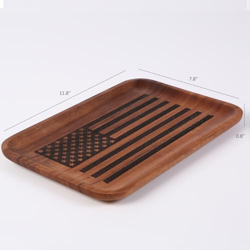2PCS American Flag Serving Acacia Wood Valet Tray for Men Women Catch All Acacia Wooden Tray Gift, Mens Key Tray, Decorative Tray, Nightstand Tray Dump Tray EDC Tray for Phone Watch Wallet Jewelry - color: 2 Pcs