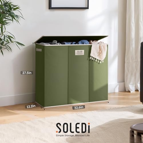SOLEDI 180L 3-Section Laundry Hamper with Lid, Extra Large Dirty Clothes Basket with Sturdy Handles for Laundry Room & Bedroom - Durable Organizer for Sorting Laundry - color: Avocado Green, size: 180L