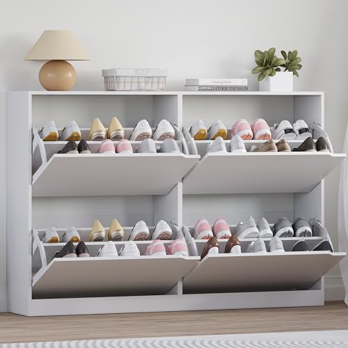 BORNOON Shoe Cabinet with 4 Flip Drawers, Narrow Hidden Shoe Storage Cabinet, Slim Freestanding Shoe Rack Organizer for Entryway, Hallway, Bedroom, Living Room - color: White, size: 4 Drawers