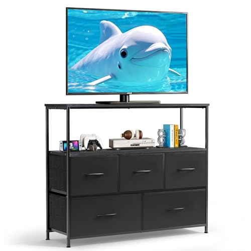 TV Stand, 5 Fabric Drawers Dresser Entertainment Center for TV up to 45 inch Wooden Media Console Table Storage Organizer with Open Shelf, for Living Room, Bedroom, or Small Space, Black - color: Black, size: 5 Drawers