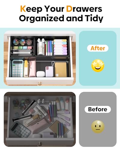 10 Pack Large Size Plastic Drawer Organizers Set, 3 Sizes Desk Drawer Organizer Trays, Storage Bins for Vanity, Makeup, Bathroom, Kitchen Utensils and Office (Black) - color: Black