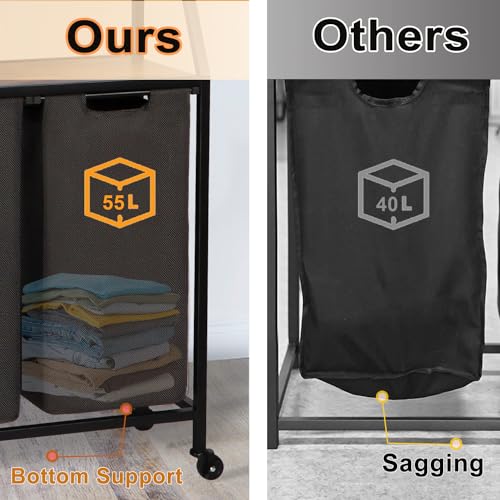 Timberer Laundry Hamper, Laundry Sorter 2 Section, Rolling Laundry Basket with Wheels, 2 Drawers, 2 × 14.5 Gal (55 L), Pull-Out and Removable Oxford Fabric Bags, Black and Rustic Brown - color: Black + Rustic Brown, size: 2 Bags (27.6"L x 12.9"W x 39.6"H)