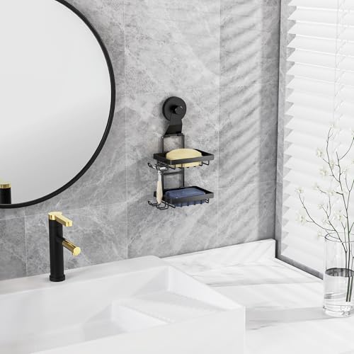 Moforoco Soap Bar Holder for Shower, No Drilling, 304 Stainless Steel, Wall Mounted Soap Holder with 4 Hooks and Razor Holder, Shower Rack Soap Tray Bar Soap for Bathroom (Black, 2-T Suction Cup) - color: Black, size: 2-T Suction Cup