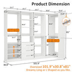 Closet Organizer System of 4 Sets with 3 Drawers, 9 Hanging Rods & 8 Shelves, 157" Walk in Closet System, Corner Closet Organizer, Modular Standalone Closet, White