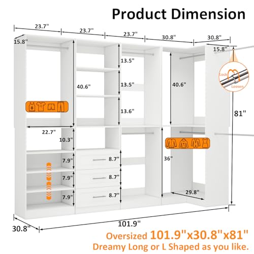 Closet Organizer System of 4 Sets with 3 Drawers, 9 Hanging Rods & 8 Shelves, 157" Walk in Closet System, Corner Closet Organizer, Modular Standalone Closet, White