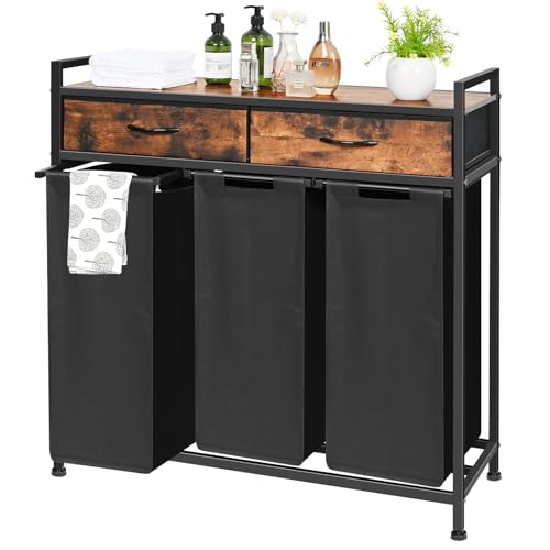 Laundry Sorter 3 Section, 180L Laundry Hamper Basket with Shelf and 2 Drawers, 3 Compartment Clothes Storage Organizer Cart, Pull-Out Removable Oxford Fabric Bags, Rustic Brown and Black - color: Brown, size: 180L