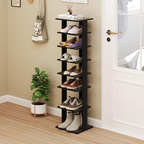 Tangkula 8-Tier Vertical Shoe Rack, Space-Saving Corner Shoe Organizer for 7 Pairs, Narrow Shoe Storage for Entryway, Front Door, or Closet - color: Black, size: 10" x 11" x 43.5"